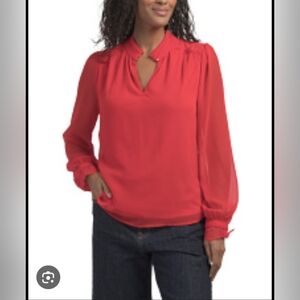 Chic Scarlet Semi-Sheer Women's Blouse Lantern Sleeves Intricate Lace Cuffs